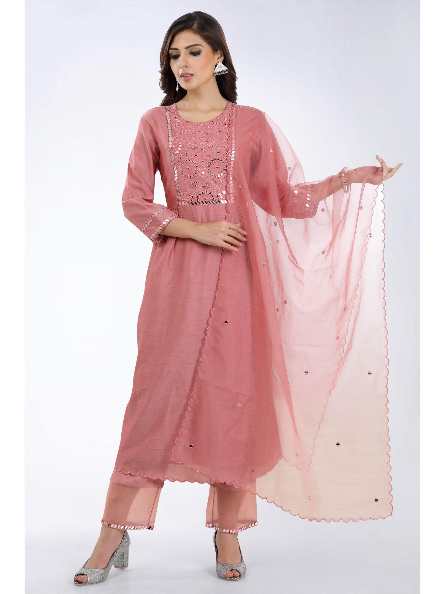 rizvi onion pink embroidered kurta with pants and organza dupatta (set of 3)