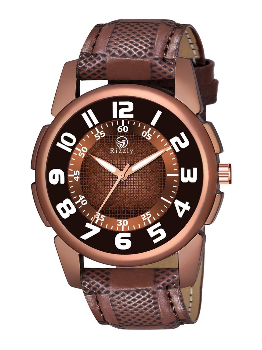 rizzly boys brown brass printed dial & brown leather straps analogue watch rz-213-brown