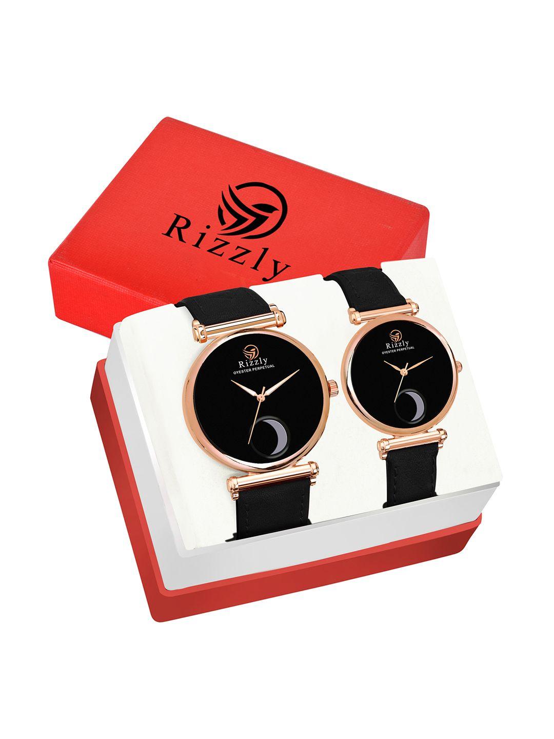 rizzly unisex  black brass dial black leather straps analogue watch gift set   rz-302-304