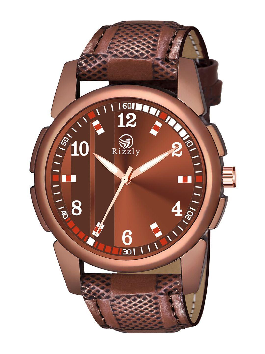 rizzly boys brown brass dial & brown leather straps analogue watch rz-216-brown
