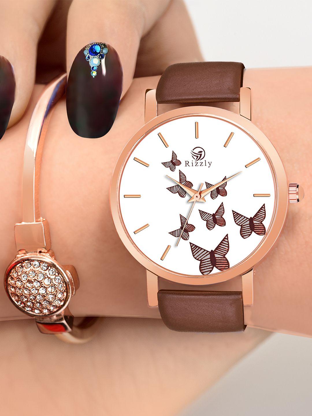 rizzly girls brown brass printed dial & leather straps analogue watch