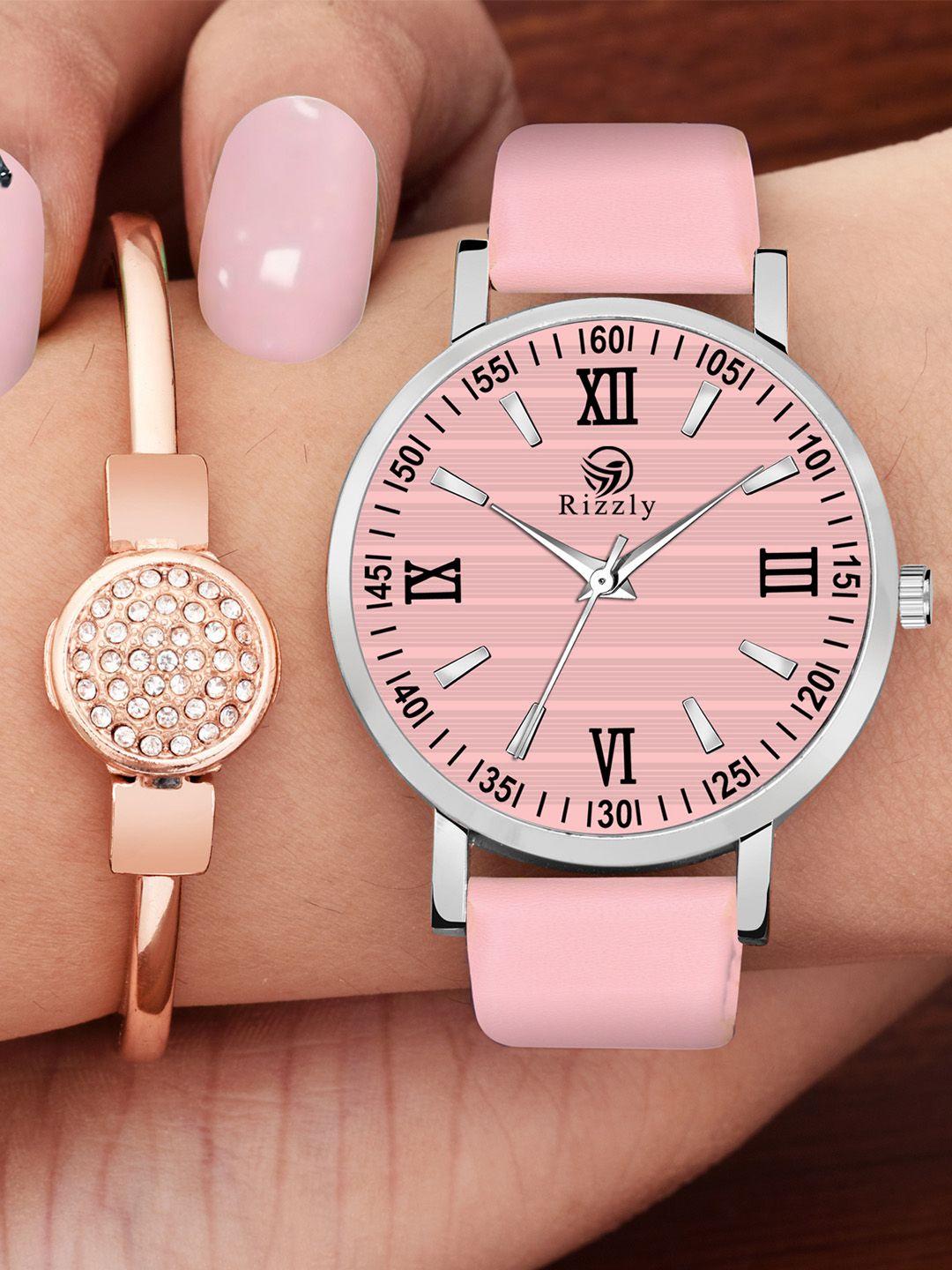 rizzly girls pink brass printed dial& leather straps analogue watch rz-123-pink