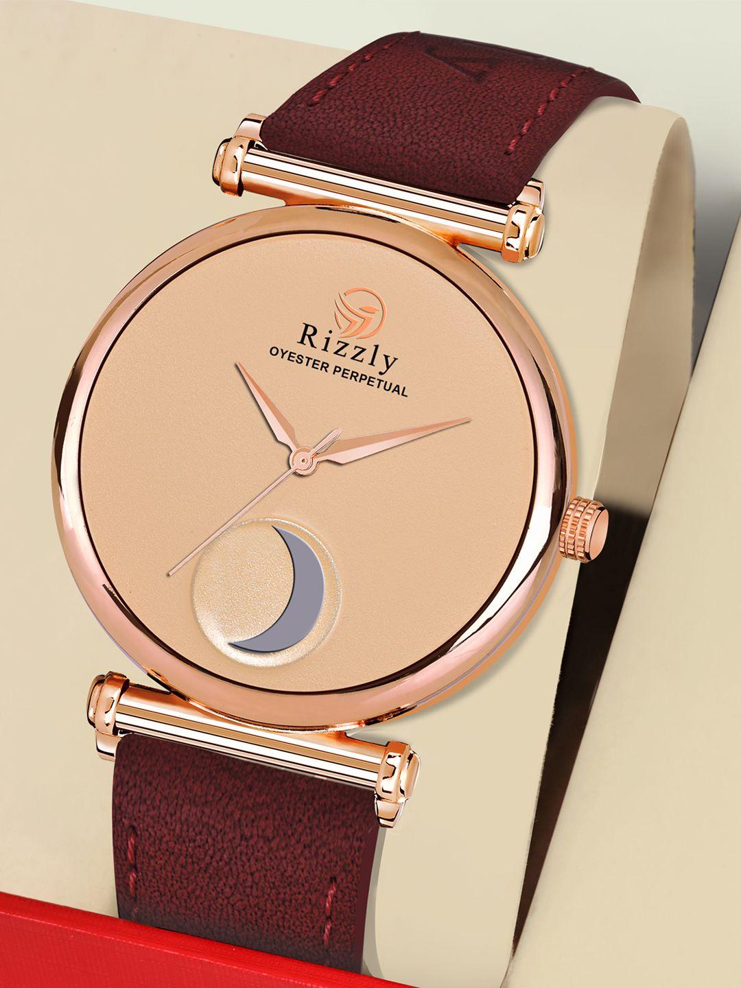 rizzly men rose gold-toned brass dial & neon red leather straps analogue watch rz-301