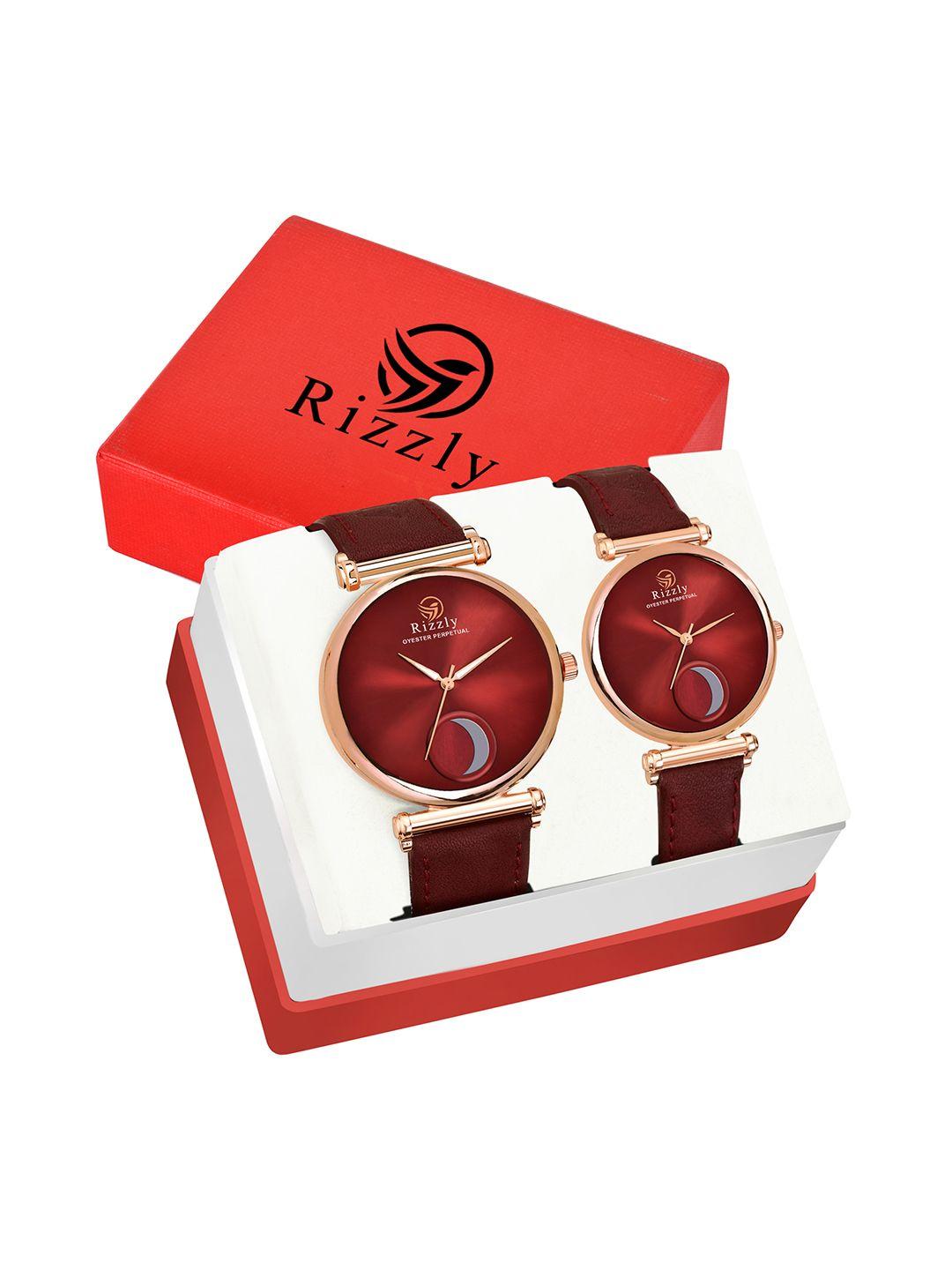 rizzly unisex maroon brass dial couple analogue watch gift set   rz-301-303