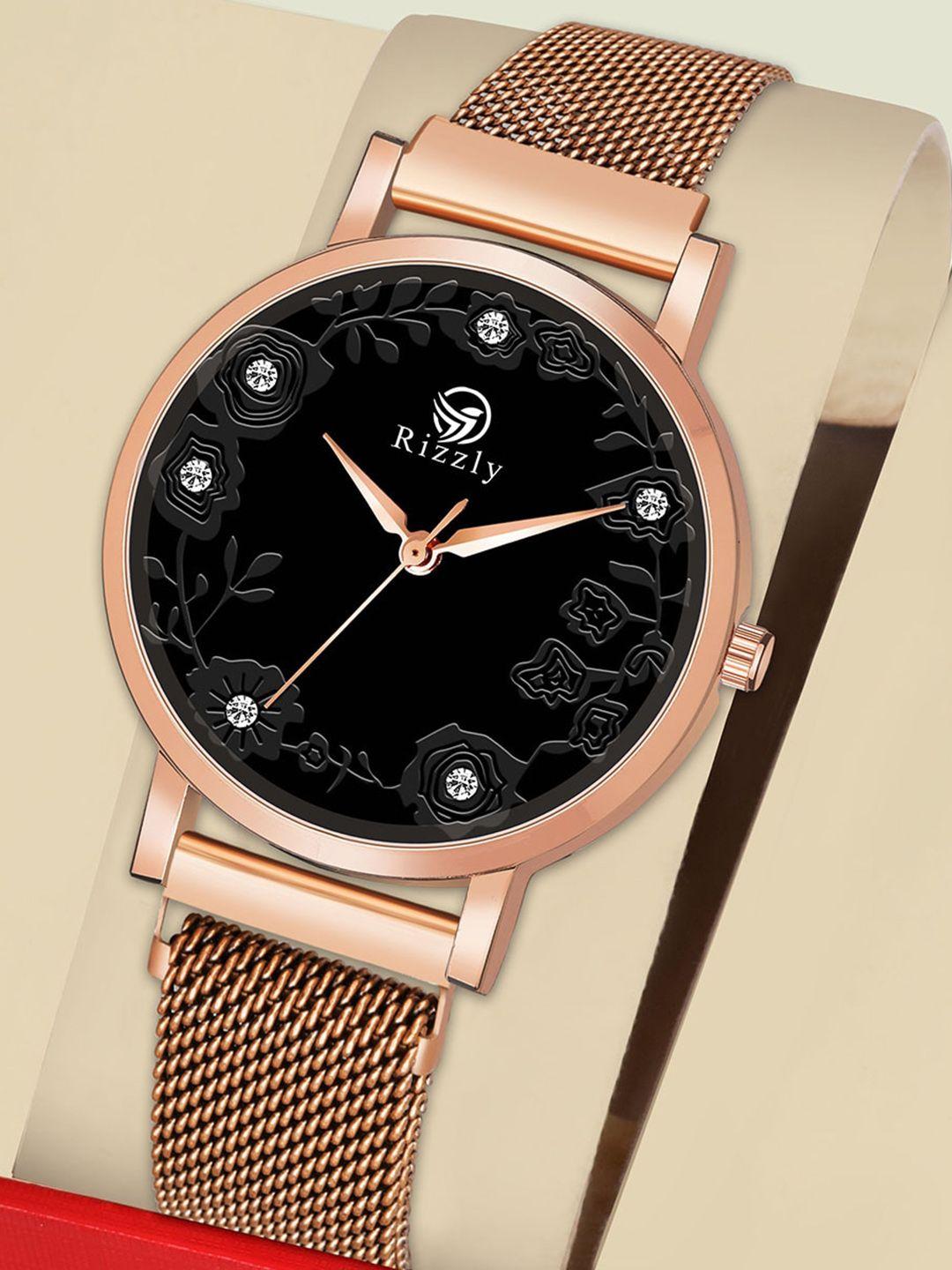 rizzly women black brass dial & rose gold toned stainless steel bracelet style watch