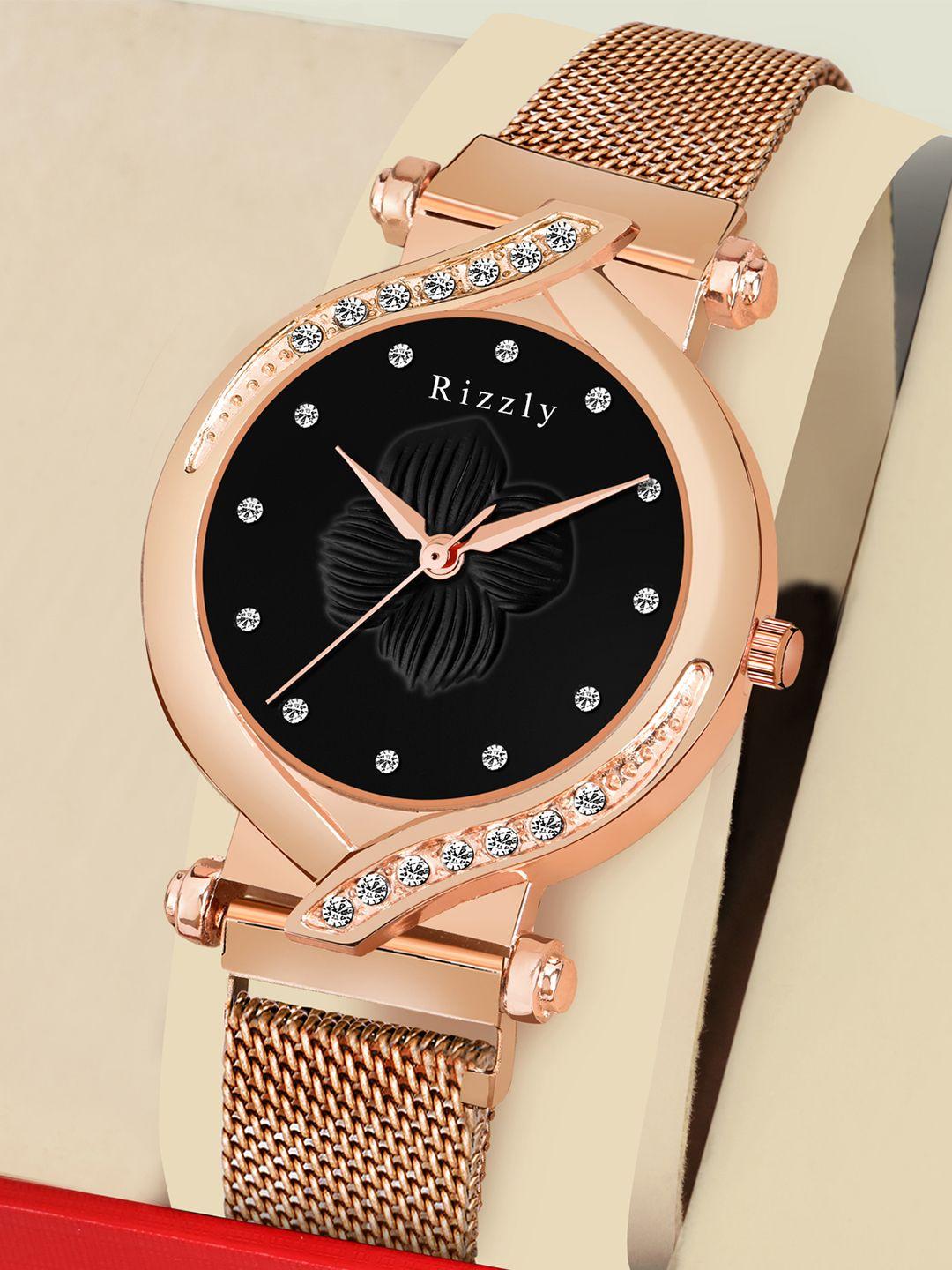 rizzly women black brass dial rose gold toned stainless steel analogue watch rz-141