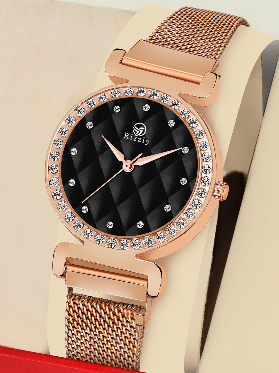 rizzly women black brass dial rose gold toned stainless steel straps analogue watch rz-139