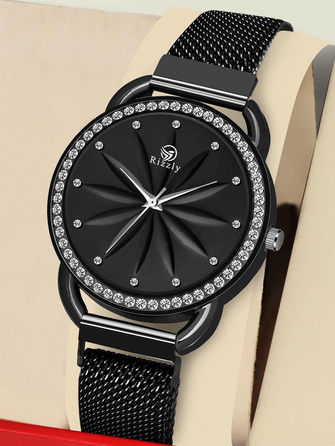 rizzly women black brass embellished dial & black stainless steel analogue watch rz-138