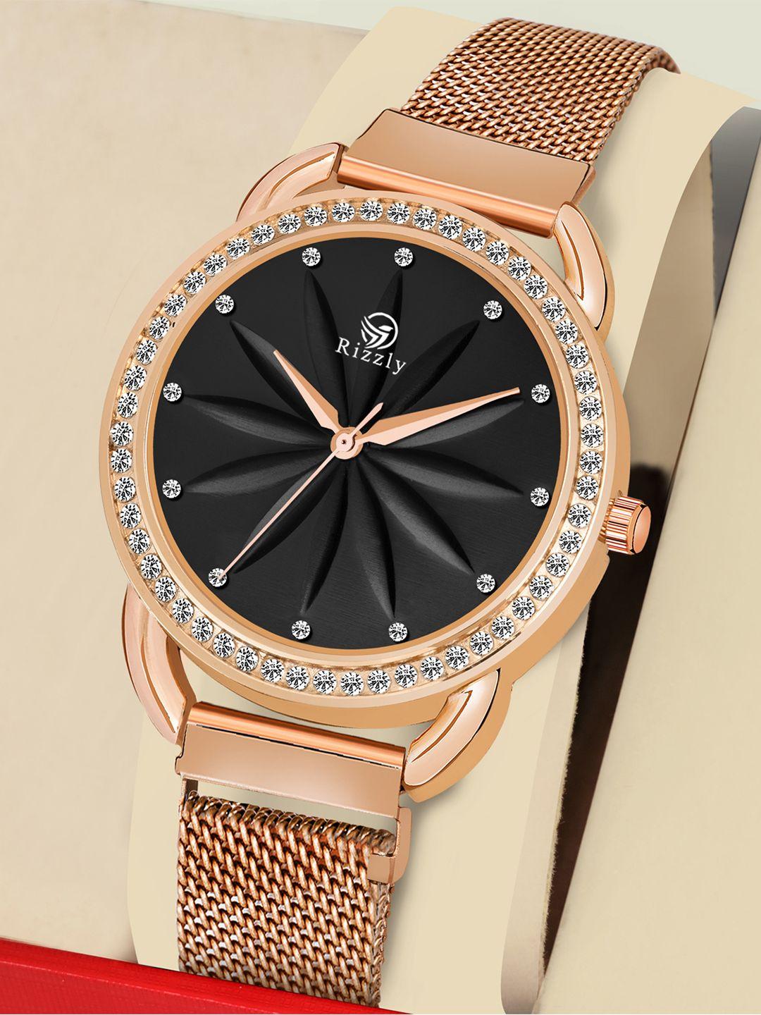rizzly women black brass embellished dial rose gold stainless steel analogue watch rz-137