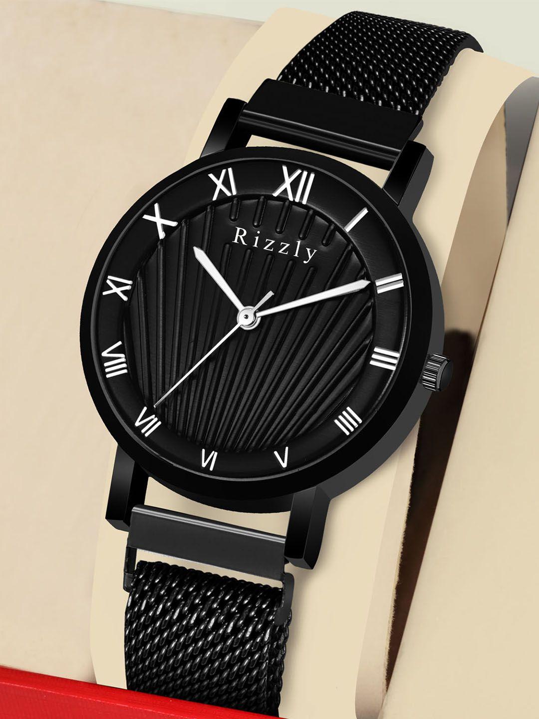 rizzly women black brass patterned dial & black bracelet style straps analogue watch