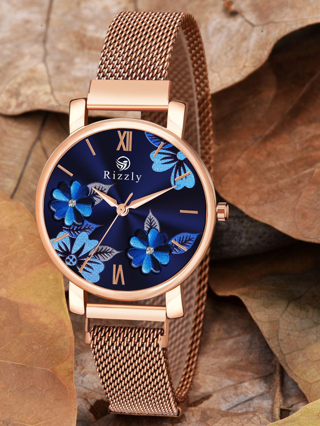 rizzly women blue brass dial & rose gold toned bracelet style straps analogue watch rz-152