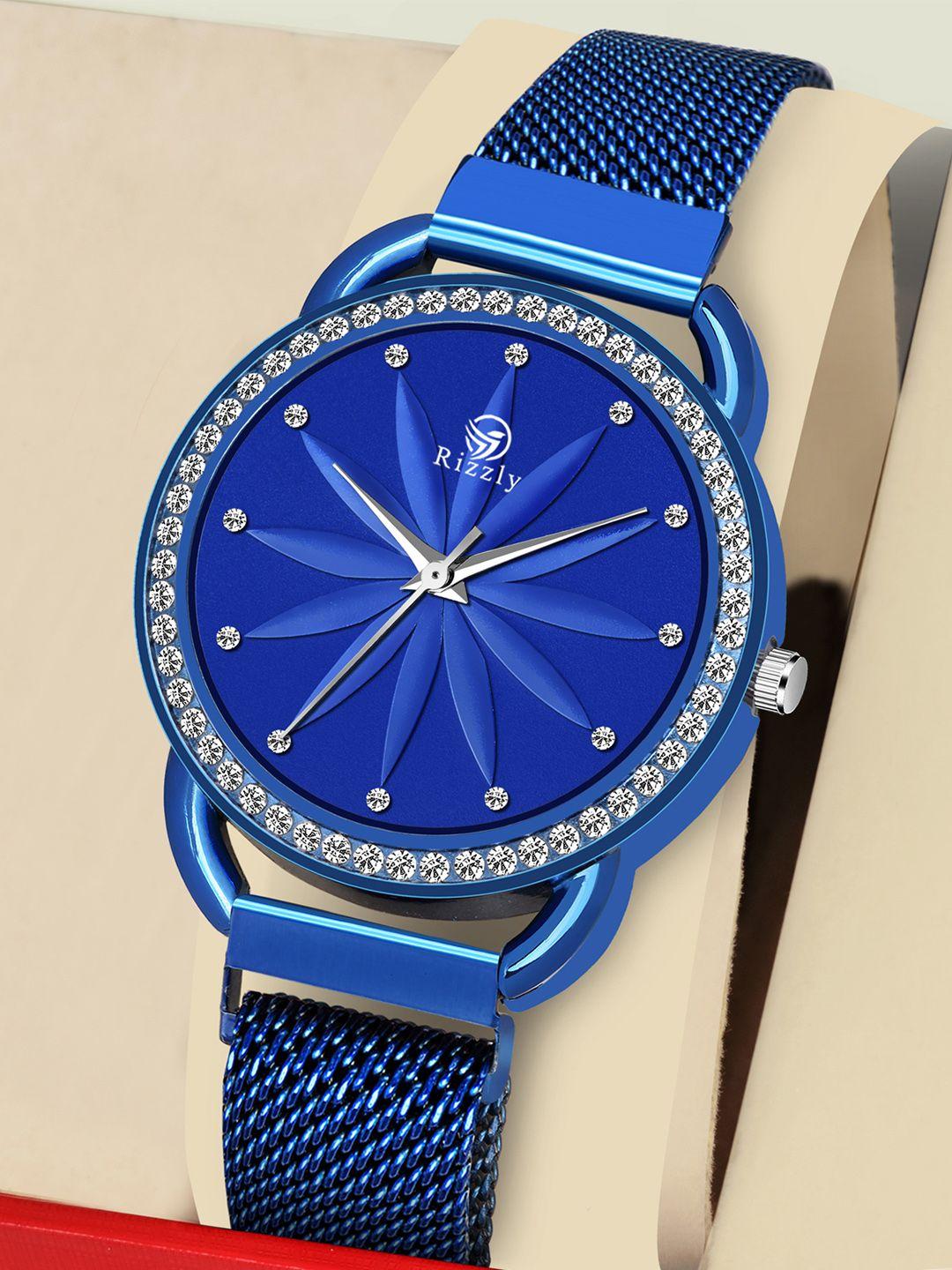 rizzly women blue brass embellished dial & blue stainless steel straps analogue watch