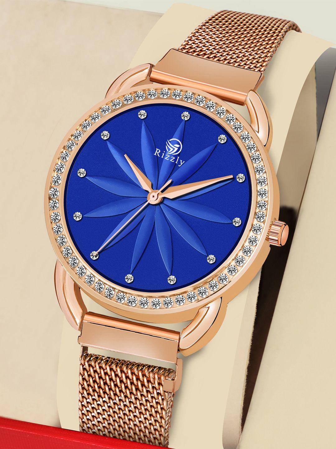 rizzly women blue brass embellished dial rose gold stainless steel analogue watch rz-137
