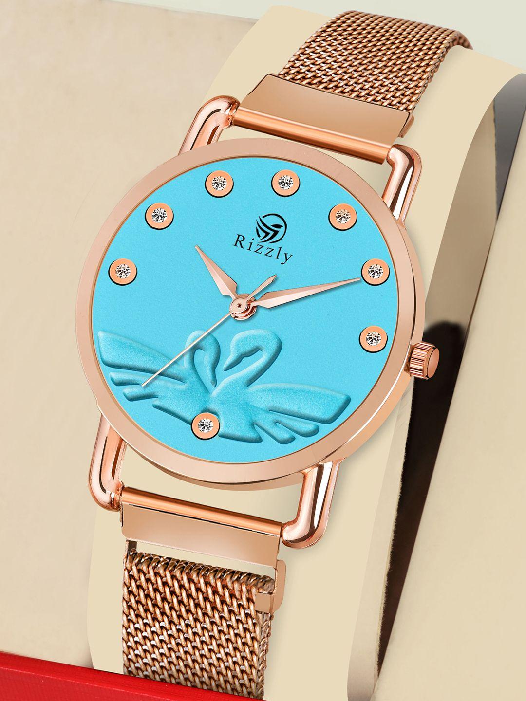 rizzly women blue brass printed dial analogue watch rz-143