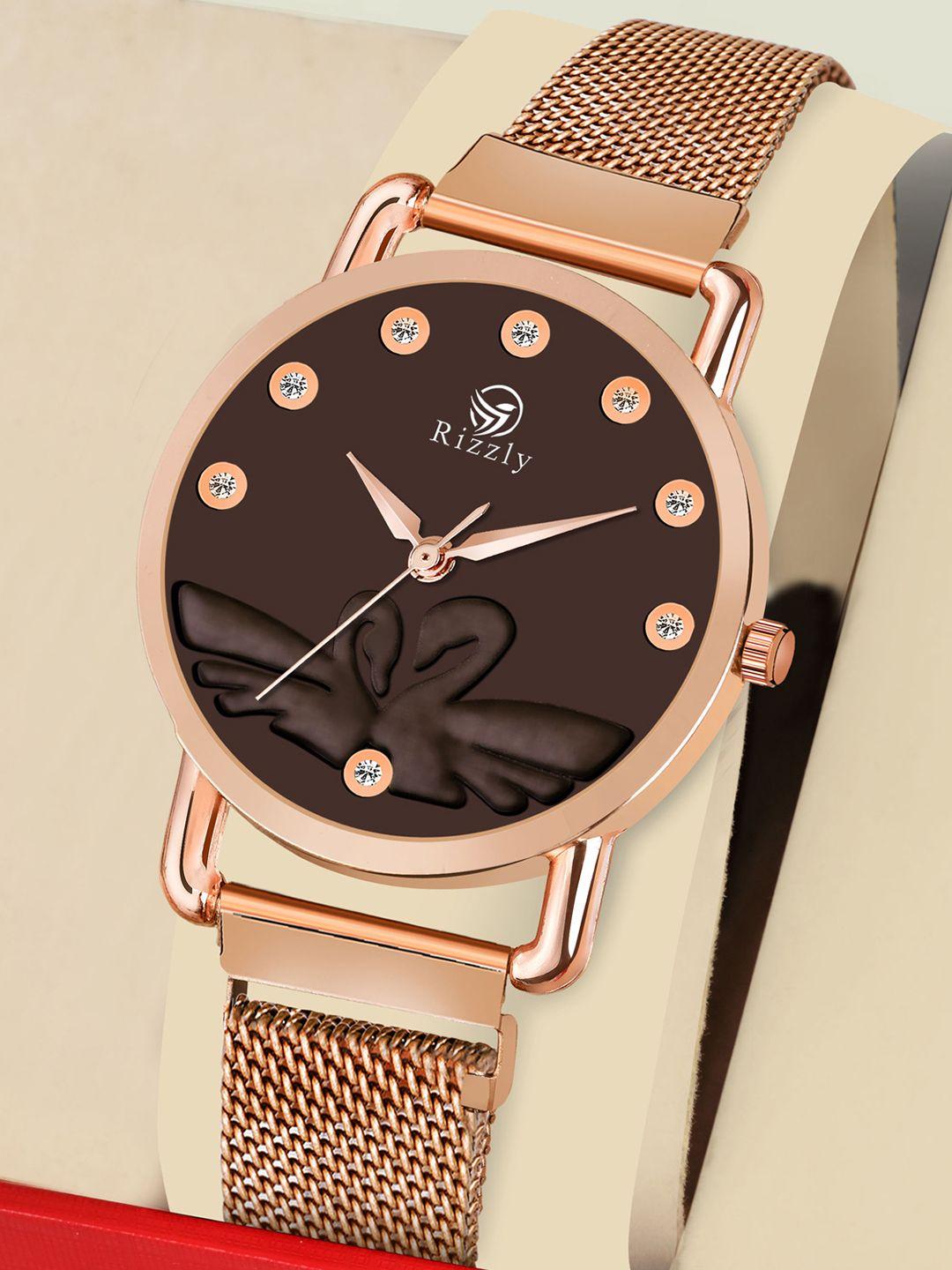 rizzly women brown brass embellished dial & rose gold toned stainless steel bracelet style straps analogue watch