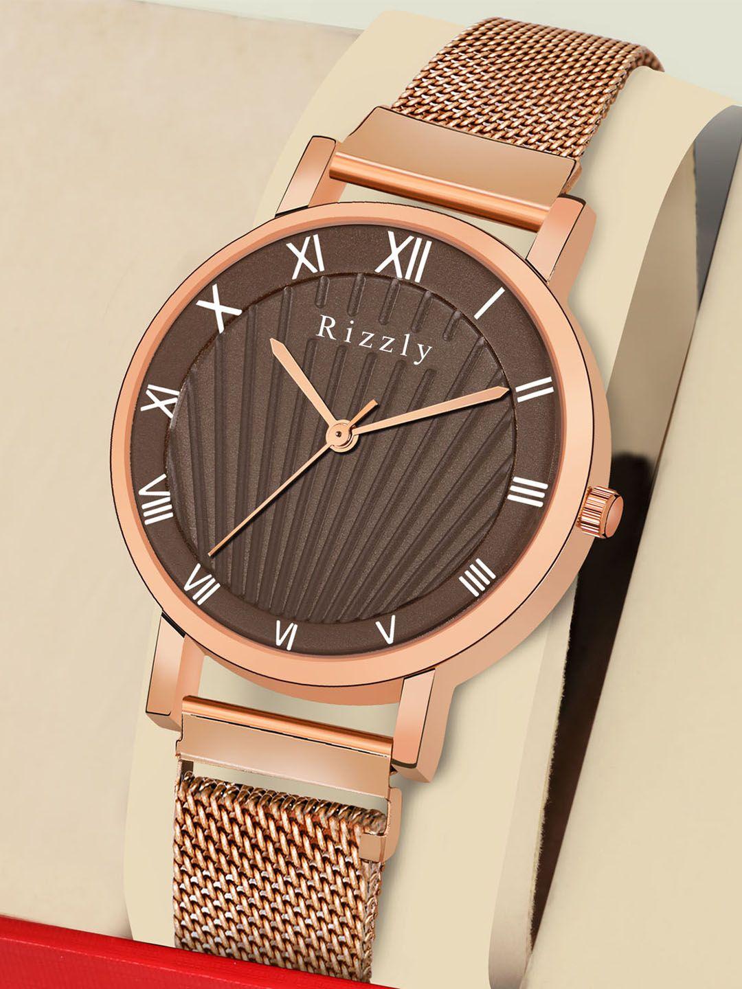 rizzly women copper-toned brass dial & rose gold toned straps watch rz-135-coffee-brown