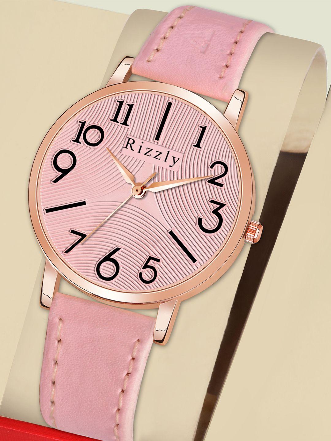 rizzly women pink brass dial & leather straps analogue watch rz-148