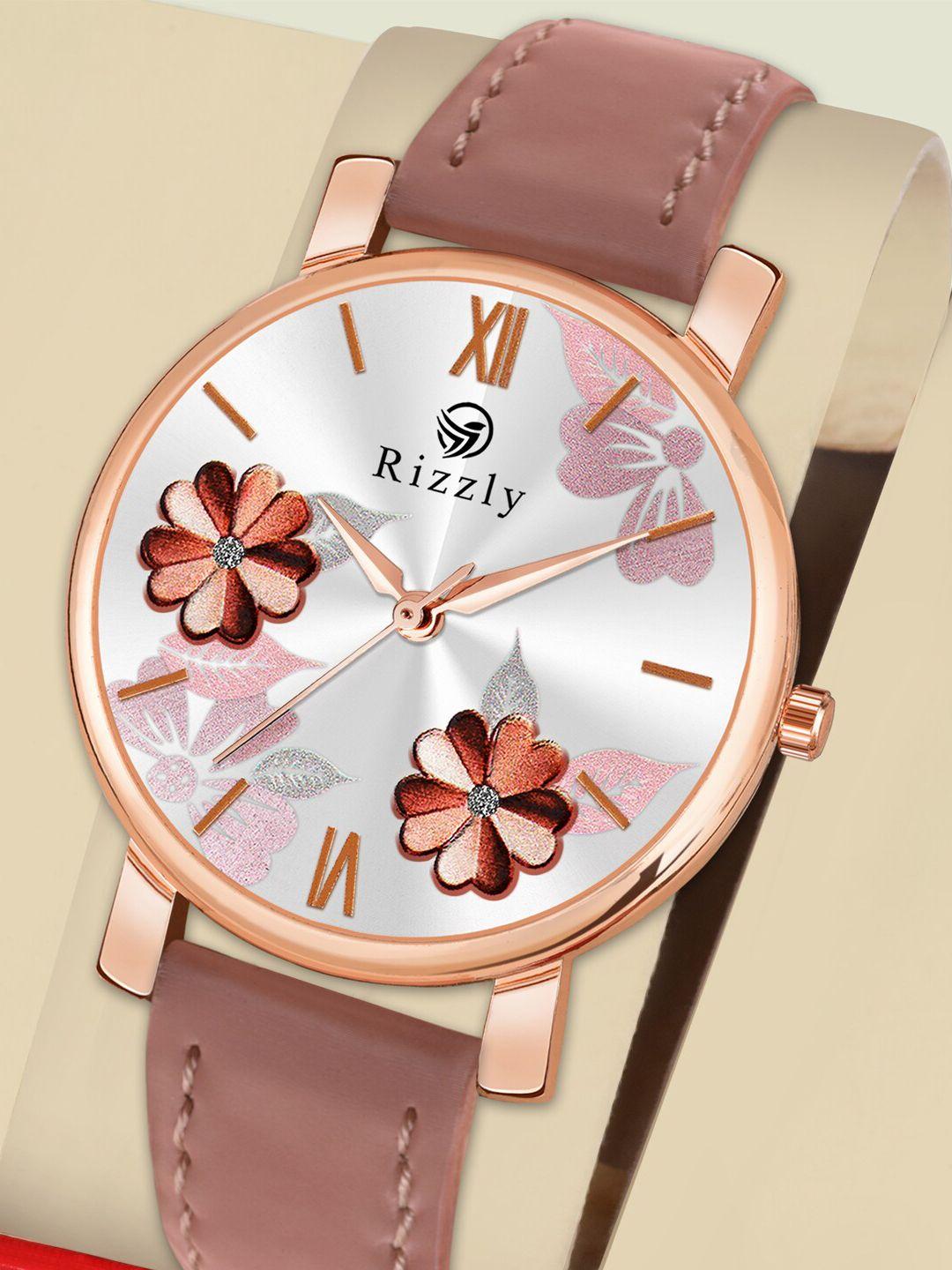 rizzly women pink brass embellished dial & pink leather straps analogue watch rz-151-pink