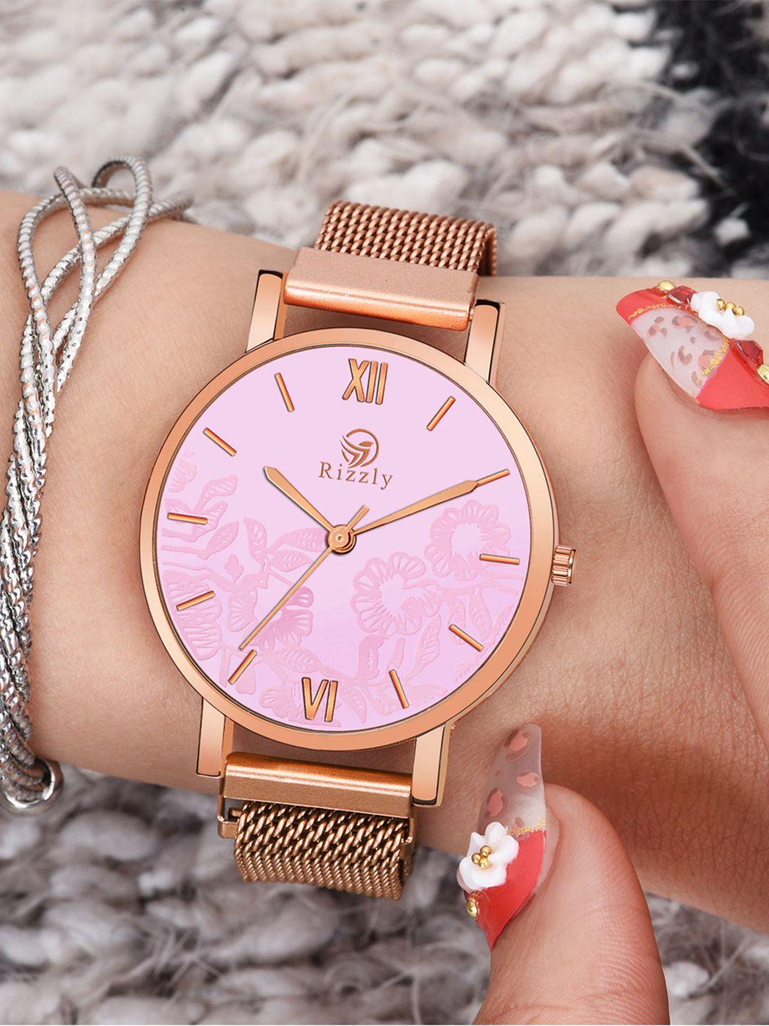 rizzly women pink brass printed dial rose gold toned stainless steel analogue watch rz-119