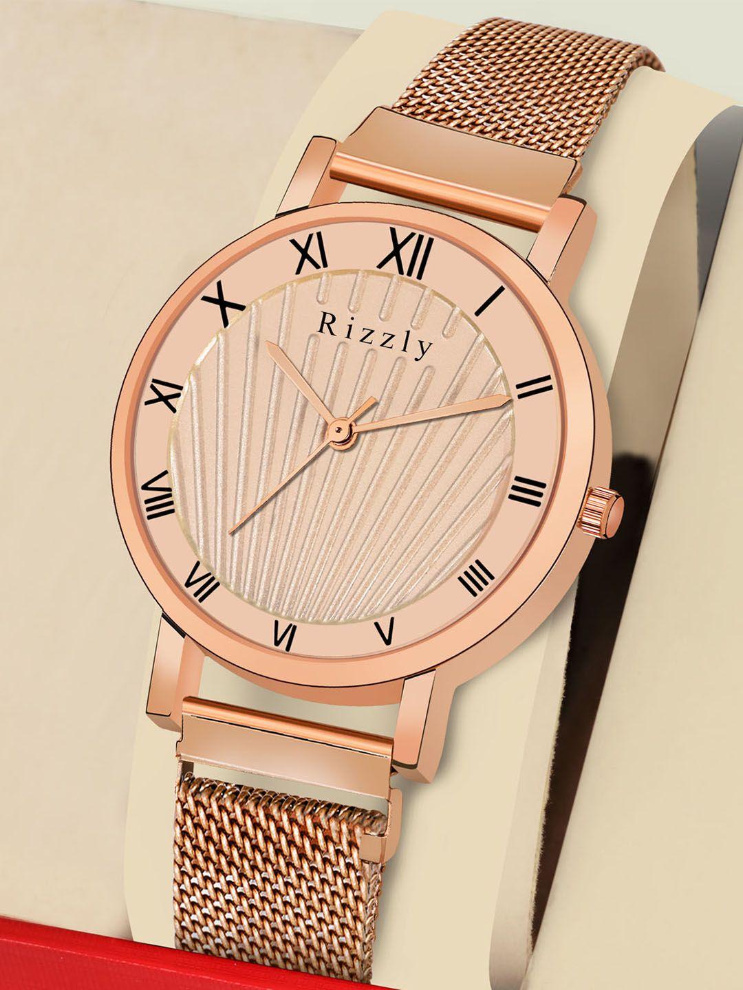 rizzly women rose gold-toned brass dial analogue watch rz-135