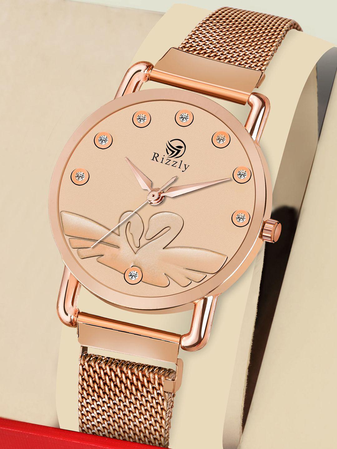 rizzly women rose gold-toned brass dial rose gold toned stainless steel watch rz-143