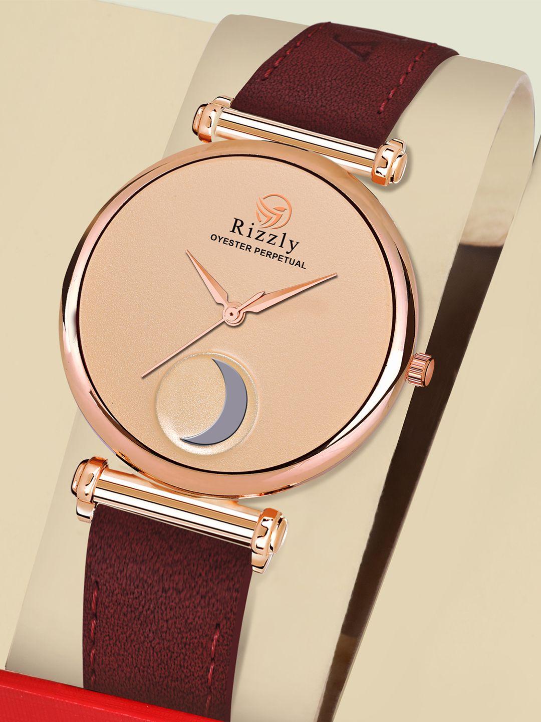 rizzly women rose gold-toned brass printed dial & red leather straps analogue watch rz-303