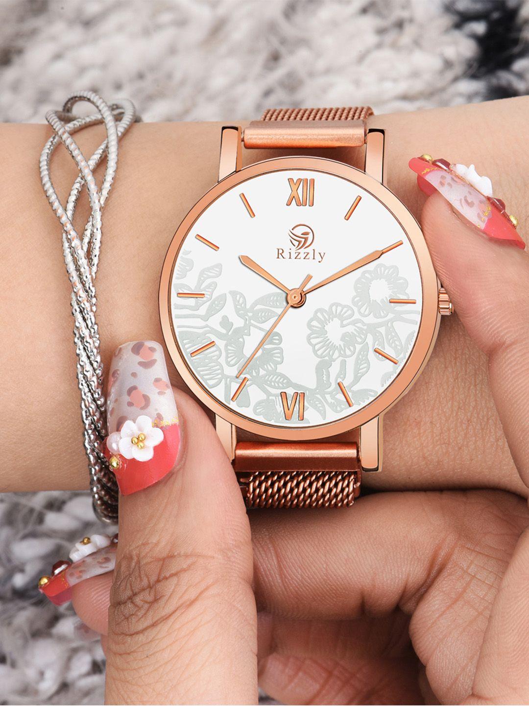 rizzly women white brass dial & rose gold toned stainless steel analogue watch rz-119