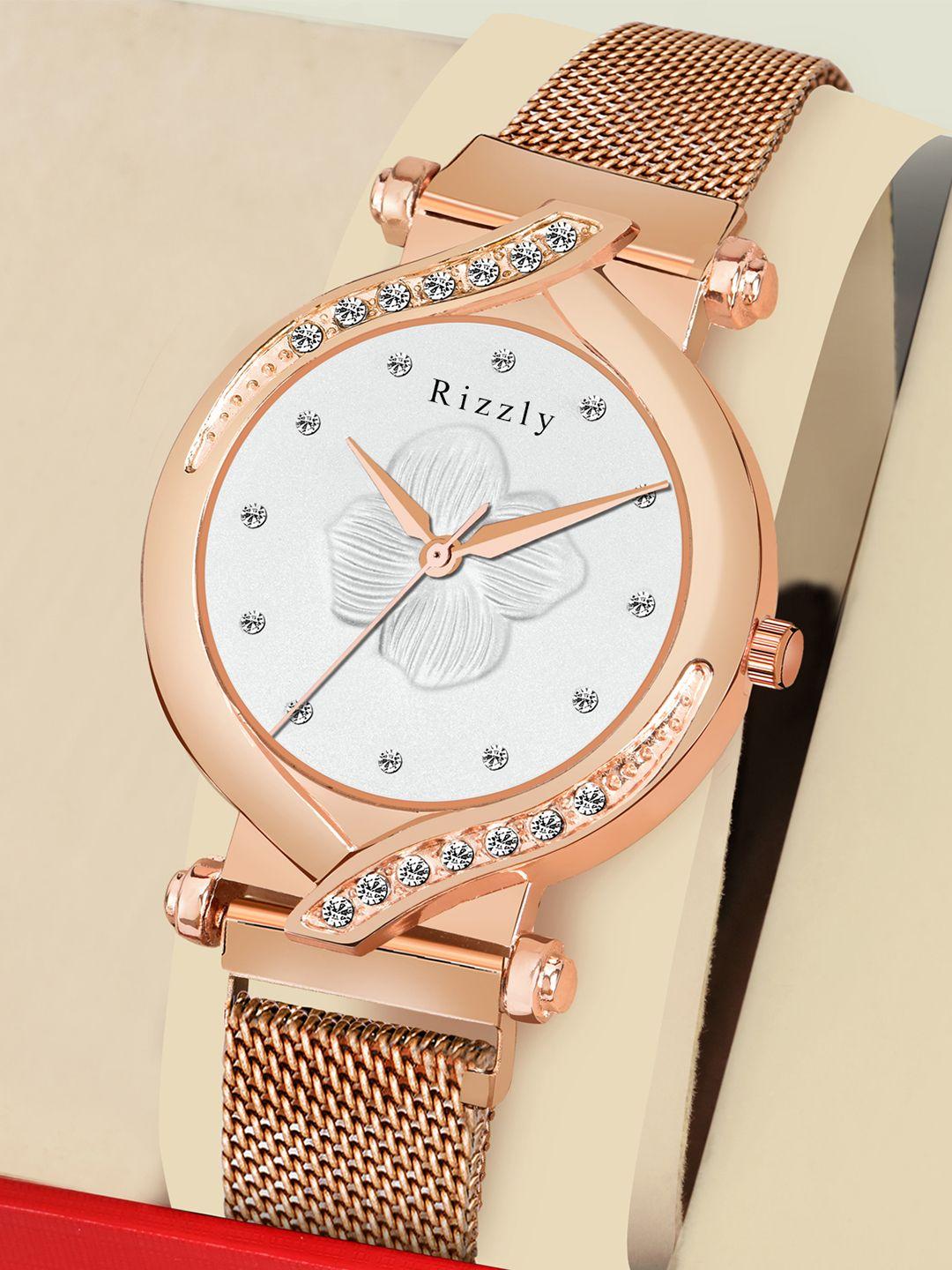 rizzly women white brass embellished dial analogue watch rz-141