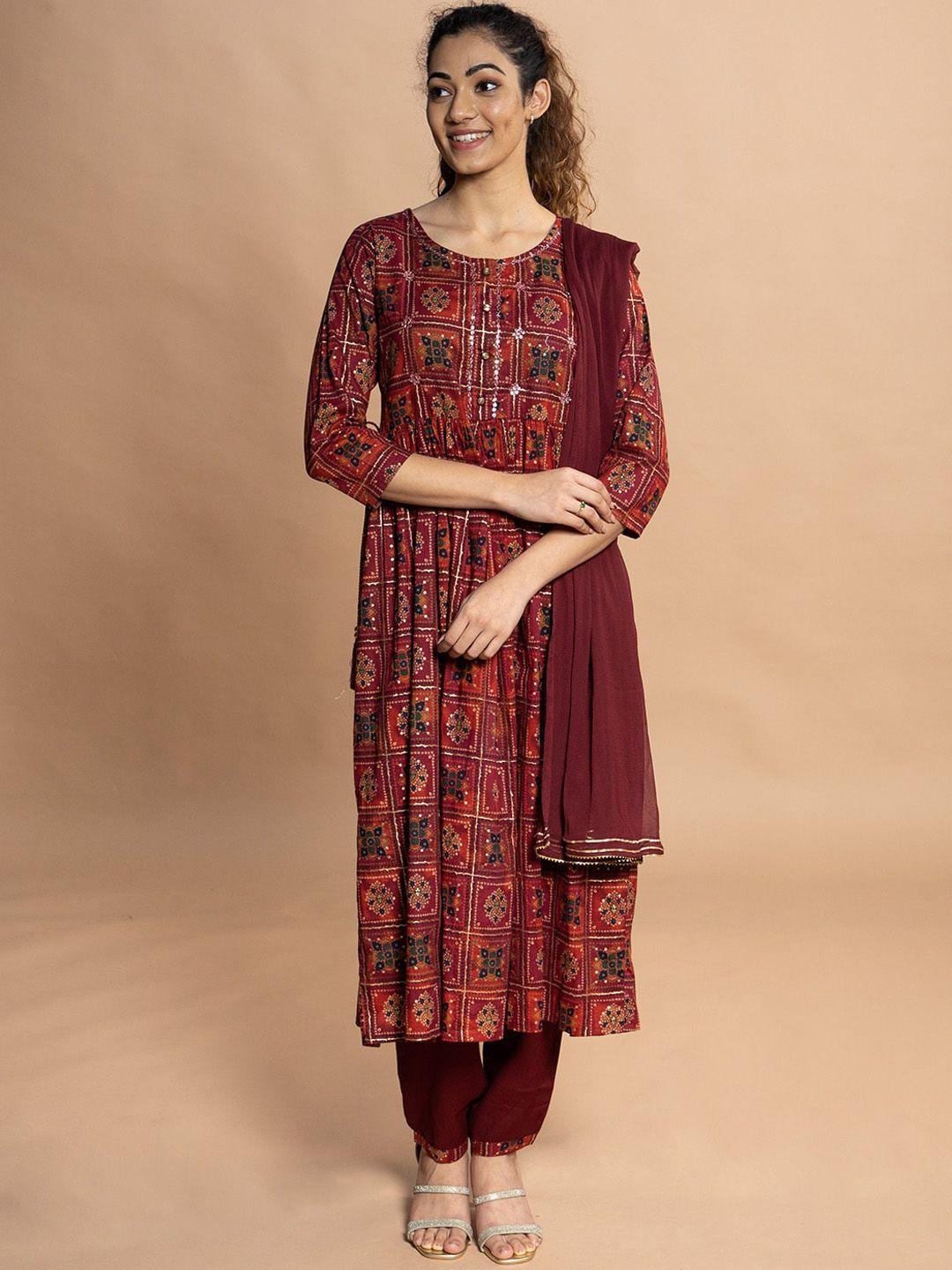 rmya bandhani printed pleated sequinned pure cotton anarkali kurta with trousers & dupatta