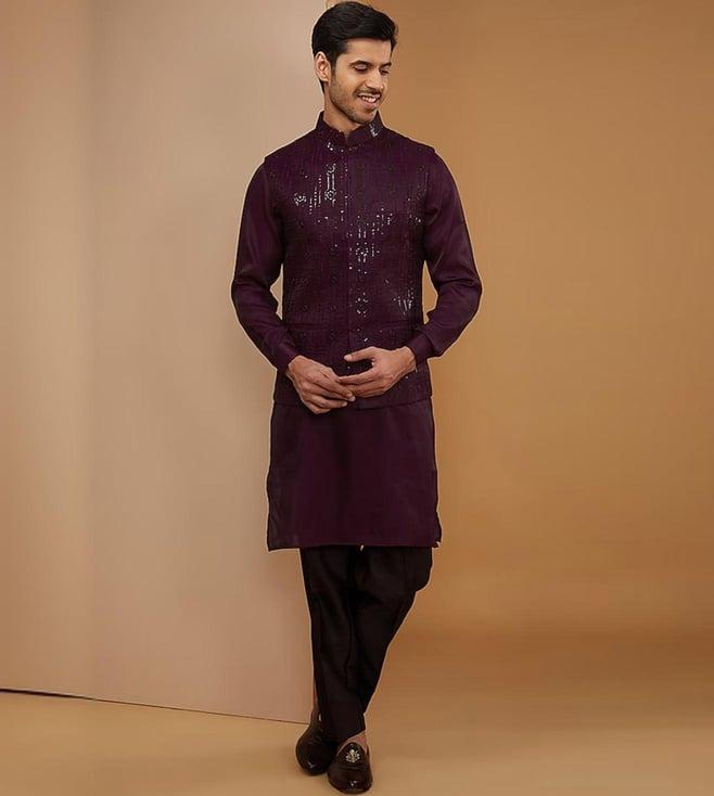 rng safawala wine embroidered kurta with jacket and pant