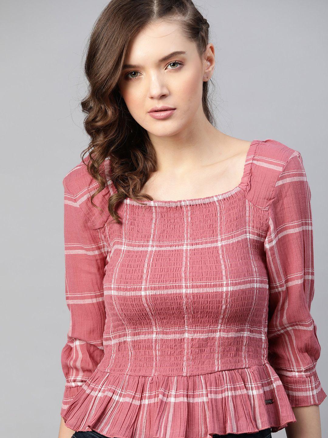 roadster dusty pink & white pure cotton checked smocked top