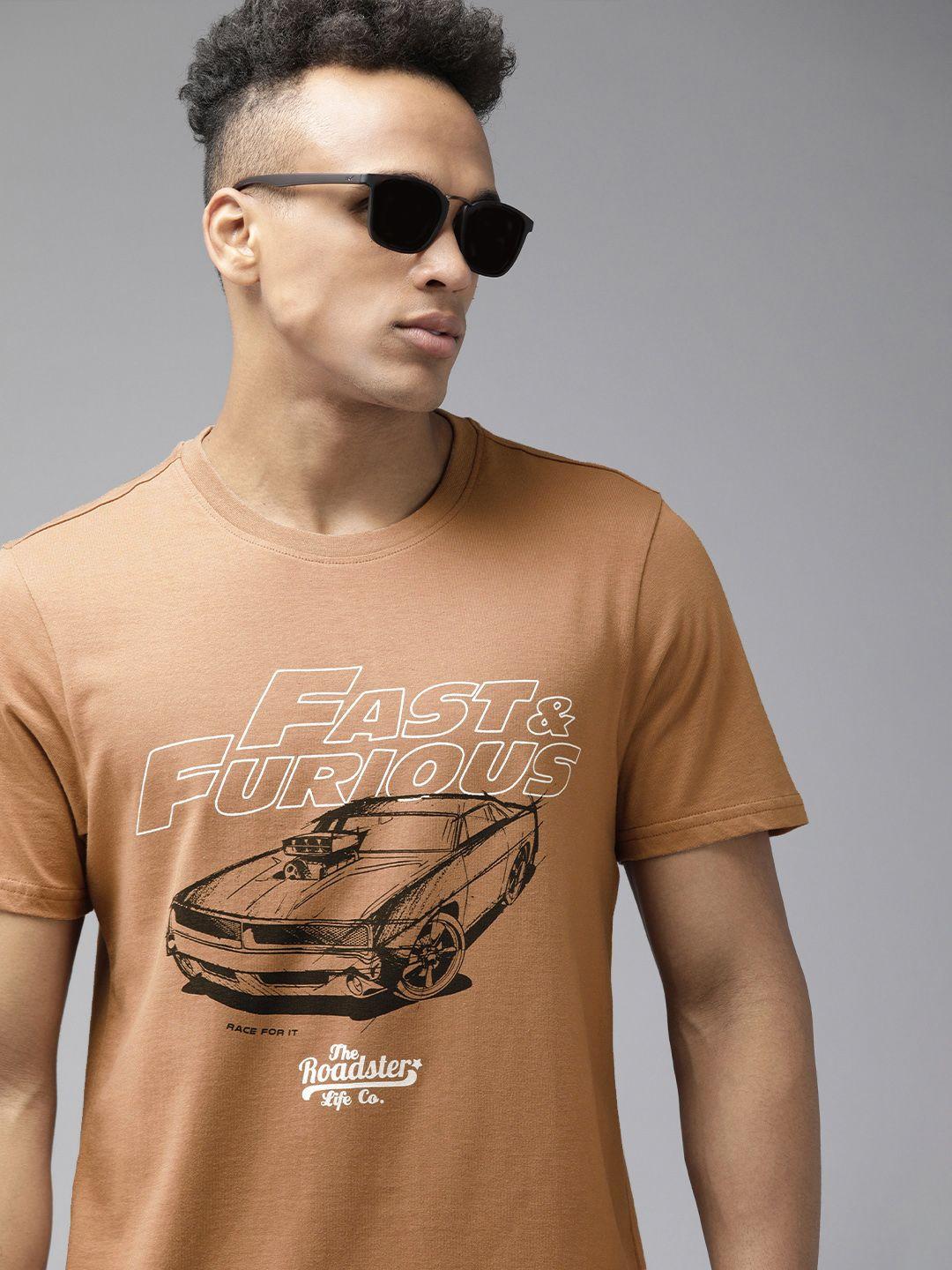 roadster fast and furious men brown & black brand logo pure cotton printed t-shirt