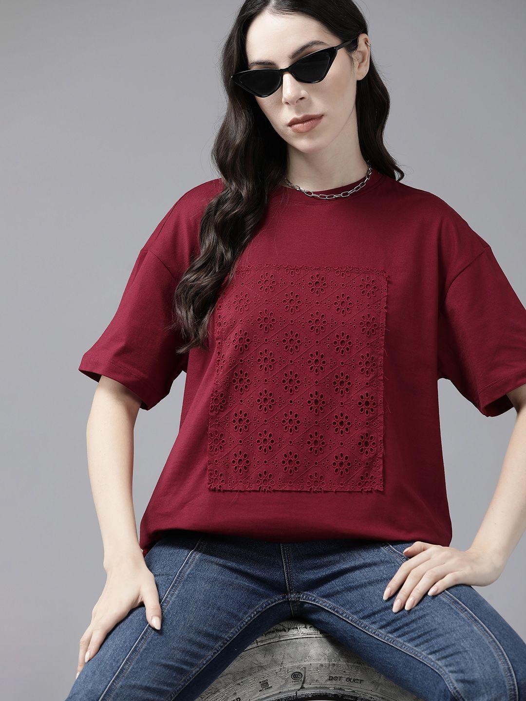 roadster maroon floral embroidered cotton schiffli top