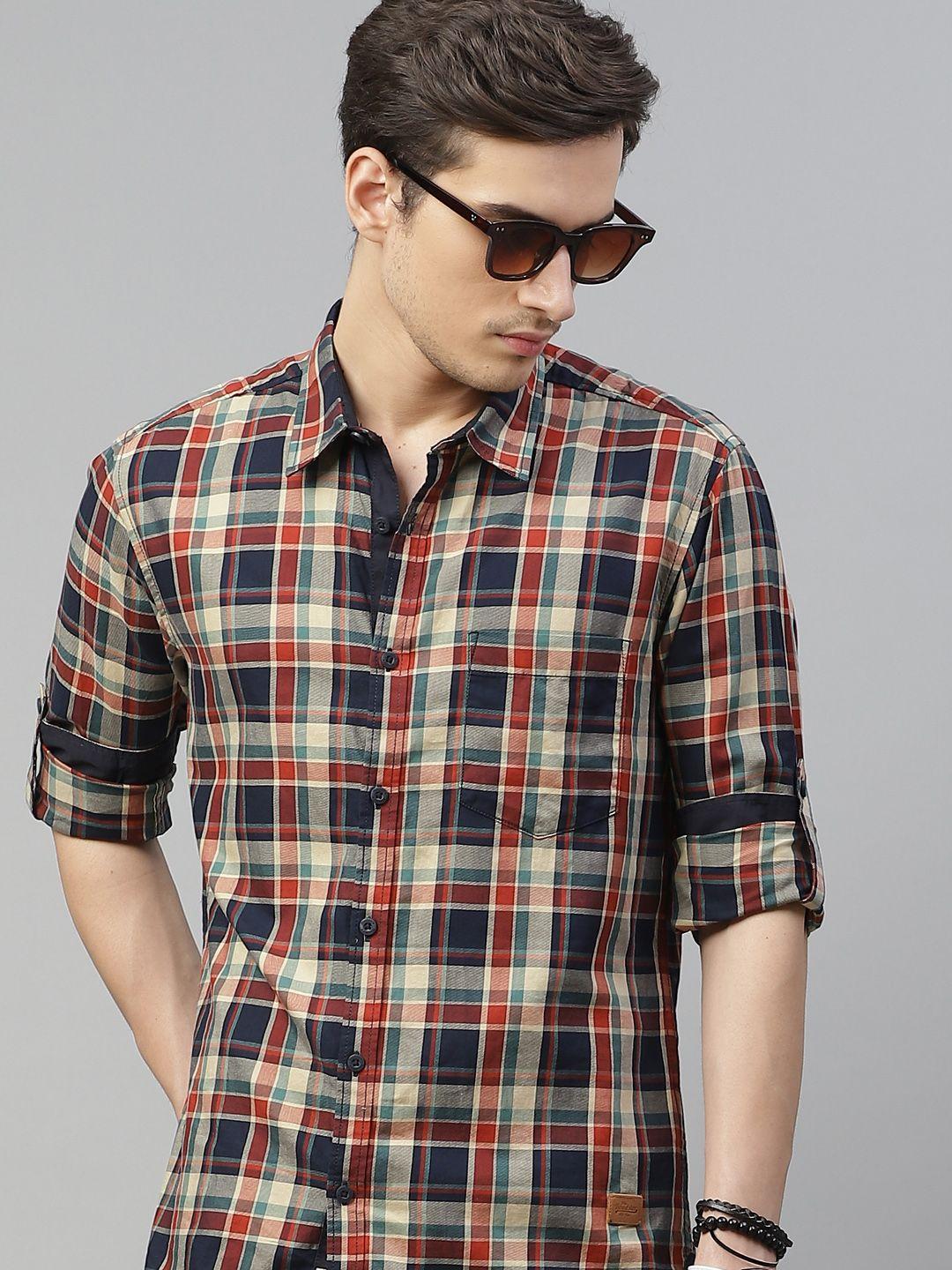 roadster men beige & navy blue pure cotton checked sustainable casual shirt