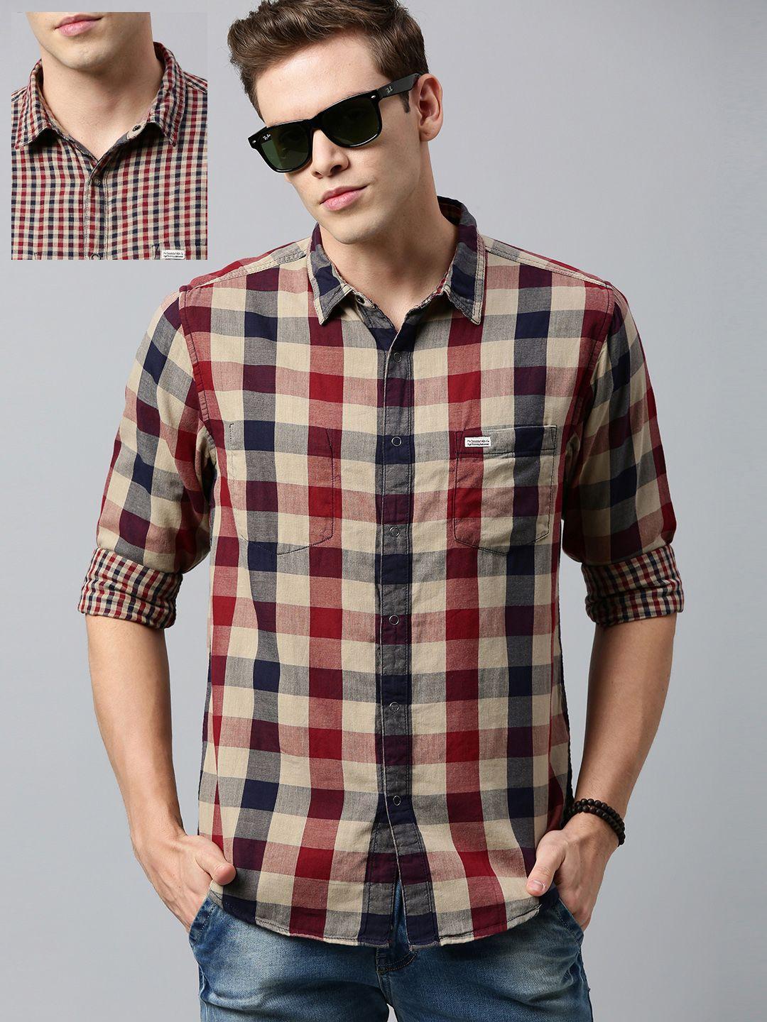 roadster men beige & red checked casual reversible sustainable shirt