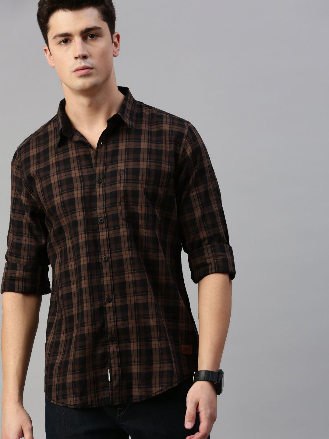 roadster men black & brown checked sustainable casual shirt