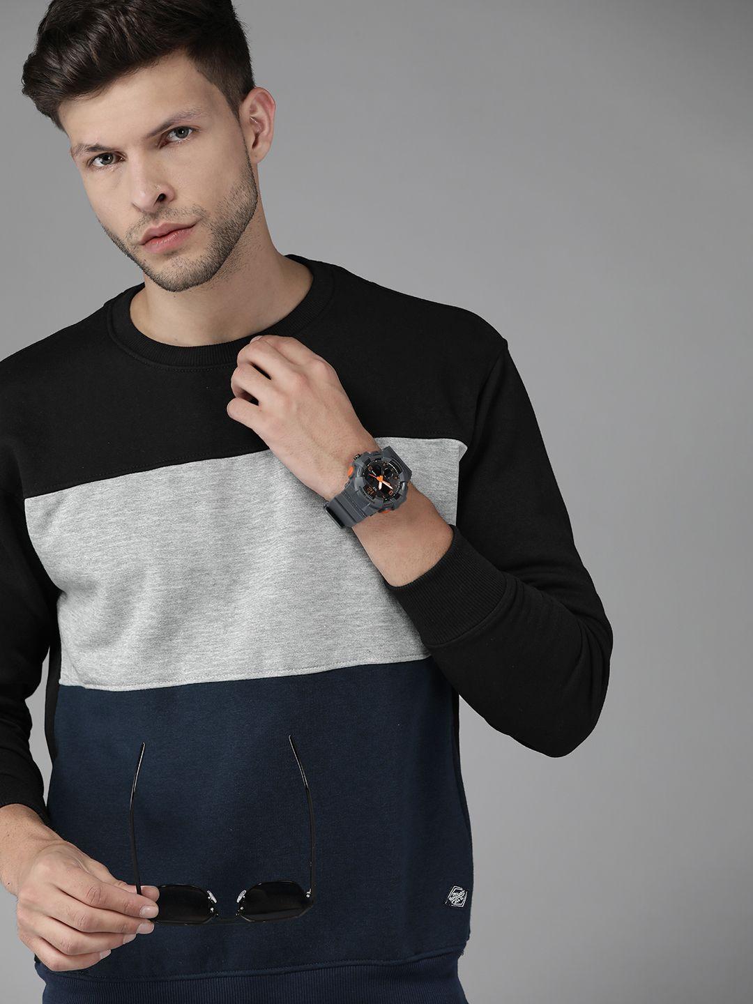roadster men black & grey melange colourblocked sweatshirt