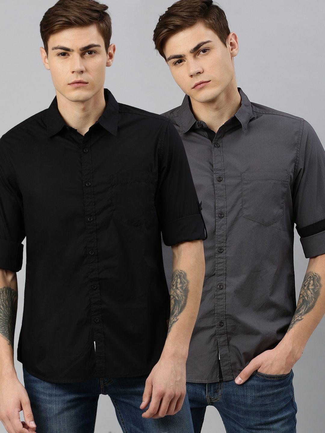roadster men black & grey regular fit pack of two solid casual shirts