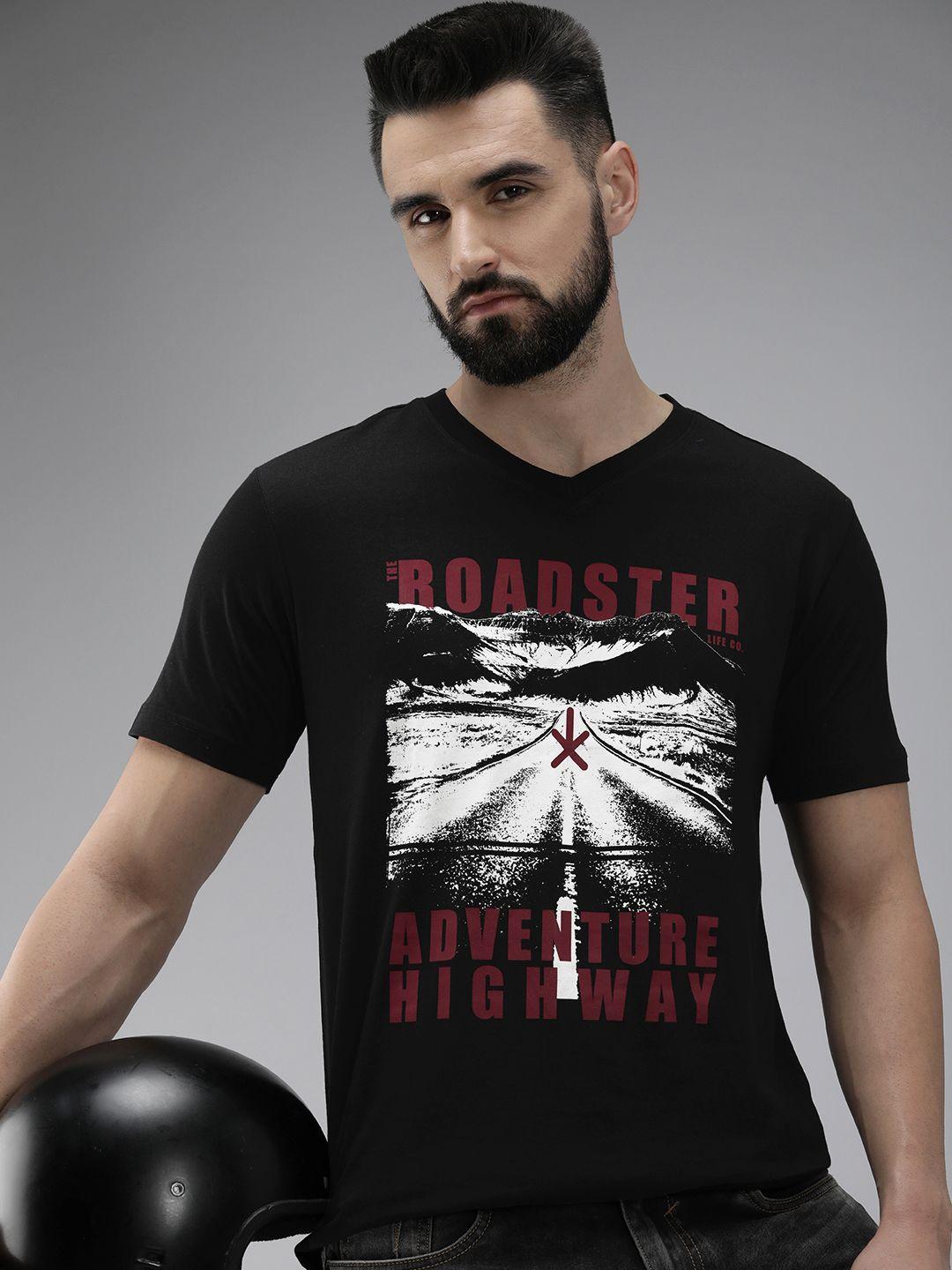 roadster men black & white brand logo printed v-neck pure cotton t-shirt