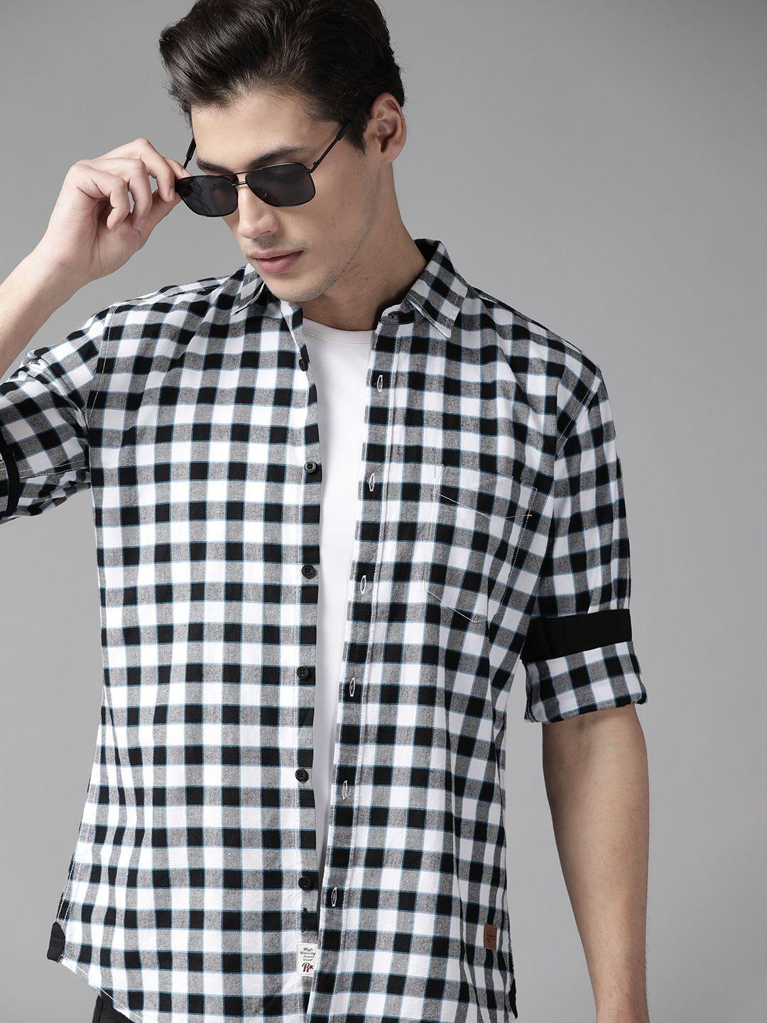 roadster men black & white buffalo checked pure cotton sustainable casual shirt