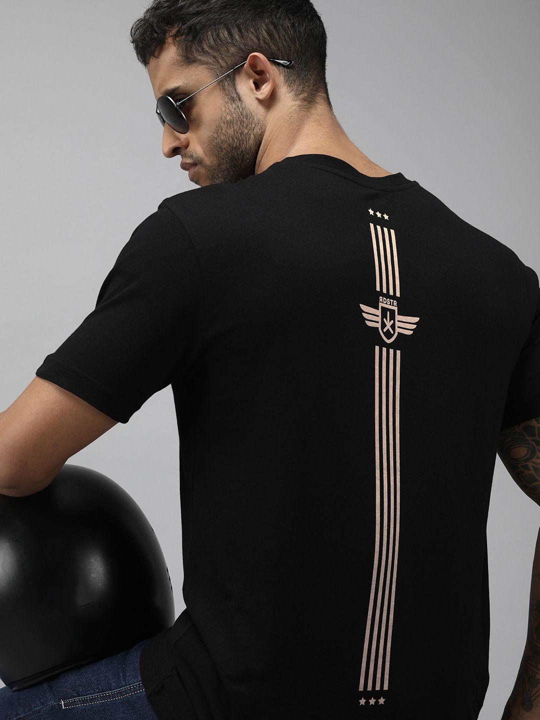 roadster men black brand logo printed v-neck pure cotton t-shirt