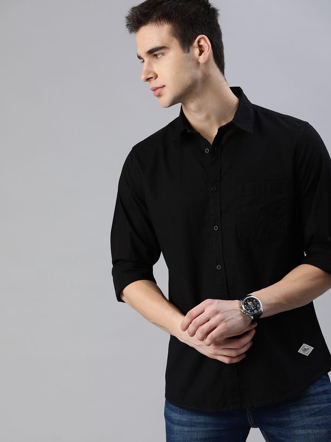 roadster men black pure cotton sustainable casual shirt