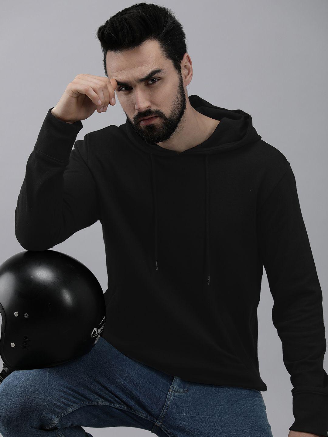roadster men black solid hooded sweatshirt