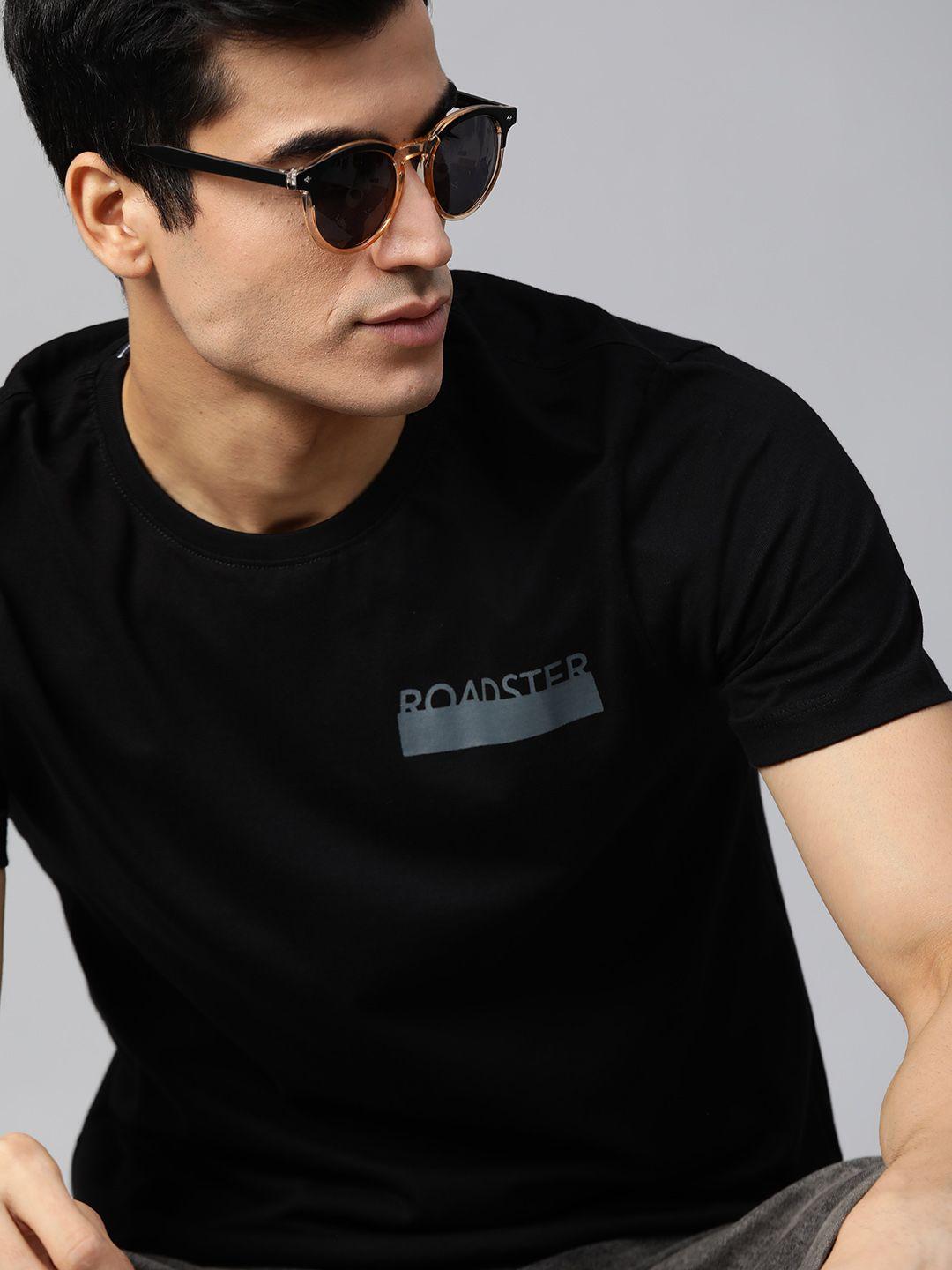 roadster men black solid round neck pure cotton t-shirt