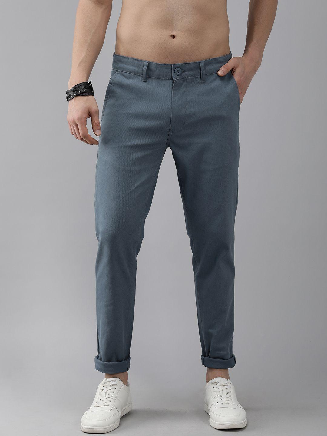 roadster men blue  solid slim fit regular trousers