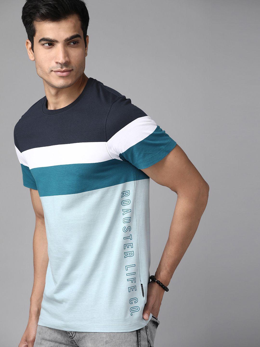 roadster men blue & white striped cotton round neck t-shirt