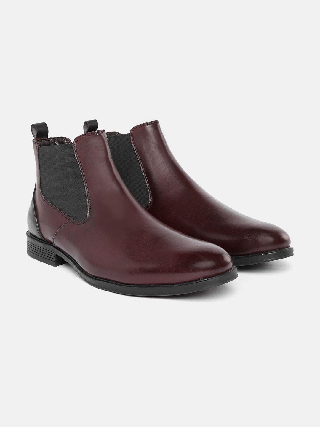 roadster men burgundy & black mid top flat chelsea boots