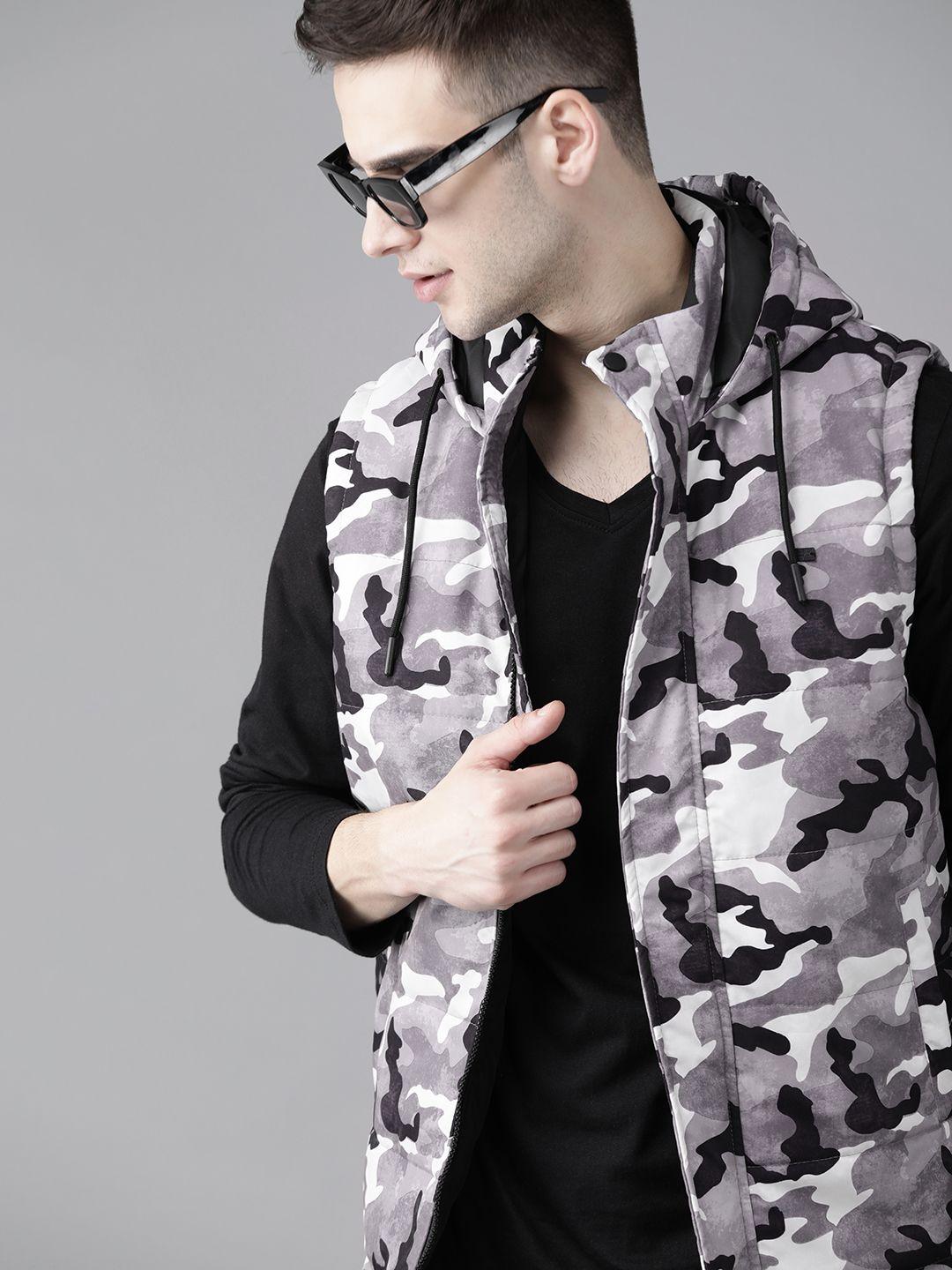 roadster men charcoal grey & white camouflage printed padded jacket