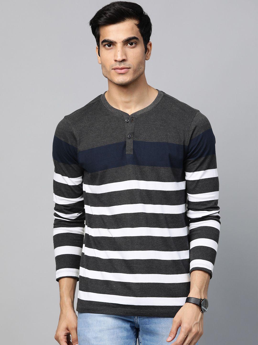 roadster men charcoal grey & white striped henley neck t-shirt