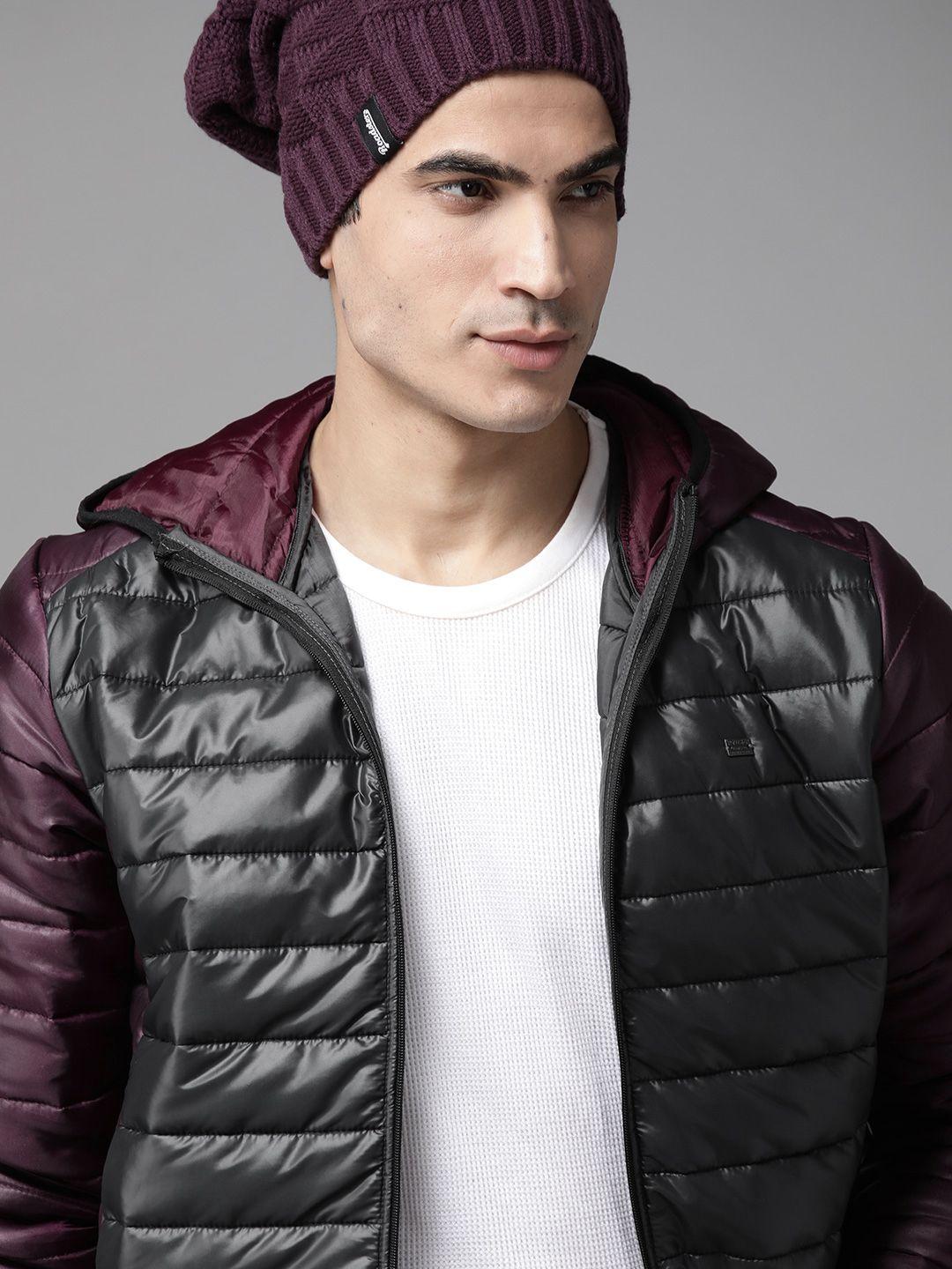 roadster men charcoal grey solid hooded padded jacket